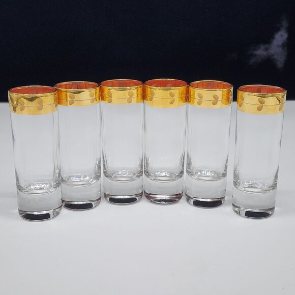 Mid-Century Modern Shot Glasses Gold Polka Dot Rims - Set Of 6 Barware Cocktail - Picture 4 of 6